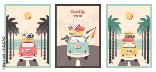 Summer travel. Family road trip by car. Summer time. Summer poster set. Family traveling with suitcases, dog, beach umbrella, sunhat rides to sea. Family car goes to beach. Vector illustration