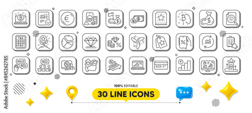 Wind energy, Euro money and Credit card line icons pack. 3d design elements. Update data, Financial goal, Pie chart web icon. Discounts app, Diamond, Dollar money pictogram. Vector