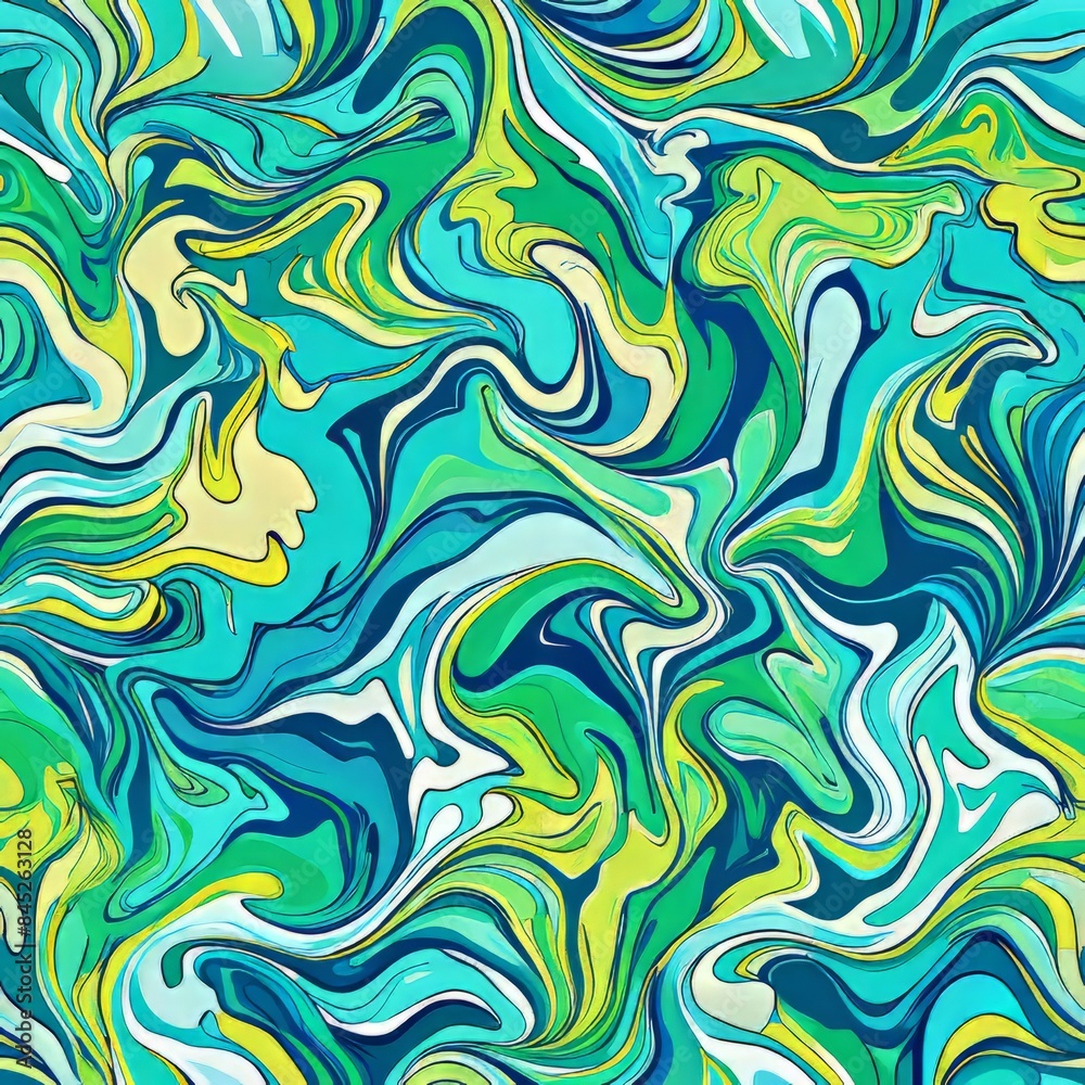 Seamless pattern of tropical liquid marble with bright greens and blues, Generative AI Seamless pattern of tropical liquid marble with bright greens and blues, Generative AI