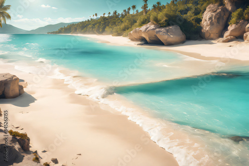 A beautiful tropical beach with turquoise waters and sandy shores under a sunny sky