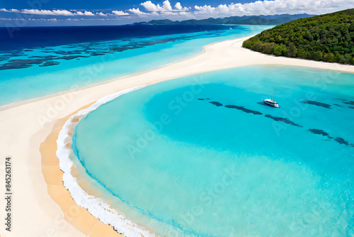 A beautiful tropical beach with turquoise waters and sandy shores under a sunny sky
