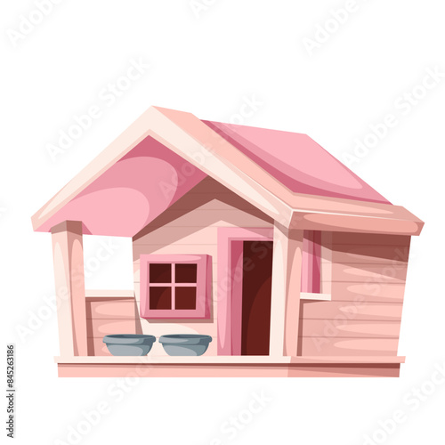 Doghouse, cartoon pink dogs kennel with feeding bowls. Funny adorable house for cat and dog garden shelter and rain protection, cute cabin and cartoon backyard small building vector illustration