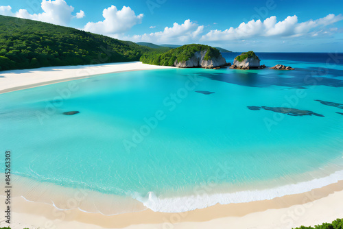 A beautiful tropical beach with turquoise waters and sandy shores under a sunny sky