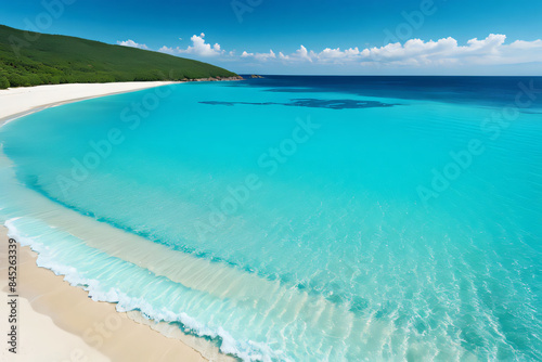A beautiful tropical beach with turquoise waters and sandy shores under a sunny sky
