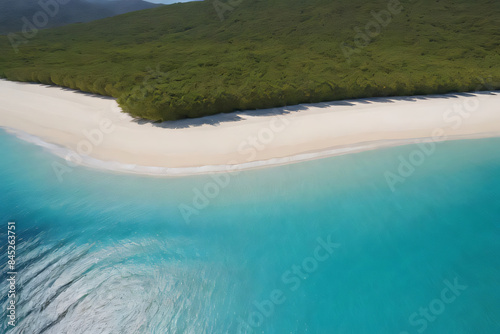 A beautiful tropical beach with turquoise waters and sandy shores under a sunny sky