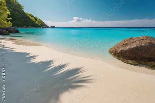 A beautiful tropical beach with turquoise waters and sandy shores under a sunny sky