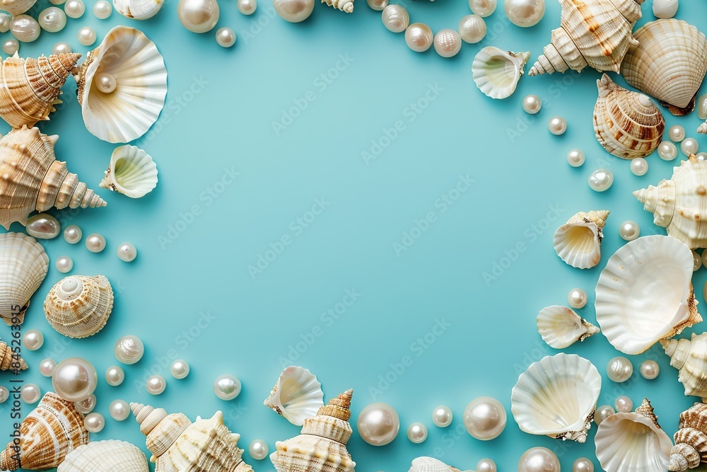 Obraz premium beautiful border frame template of various shells and pearls on light blue background top view with copy space