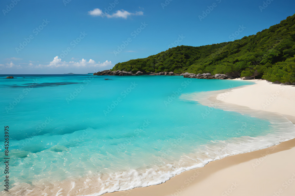 A beautiful tropical beach with turquoise waters and sandy shores under a sunny sky A beautiful tropical beach with turquoise waters and sandy shores under a sunny sky