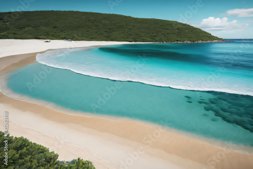 A beautiful tropical beach with turquoise waters and sandy shores under a sunny sky