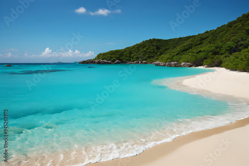 A beautiful tropical beach with turquoise waters and sandy shores under a sunny sky