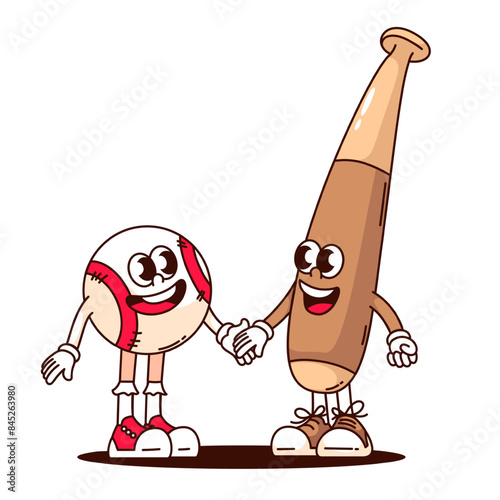Groovy baseball bat and ball cartoon characters holding hands. Funny retro happy friends together, baseball mascot, cartoon softball and long cudgel sticker of 70s 80s style vector illustration