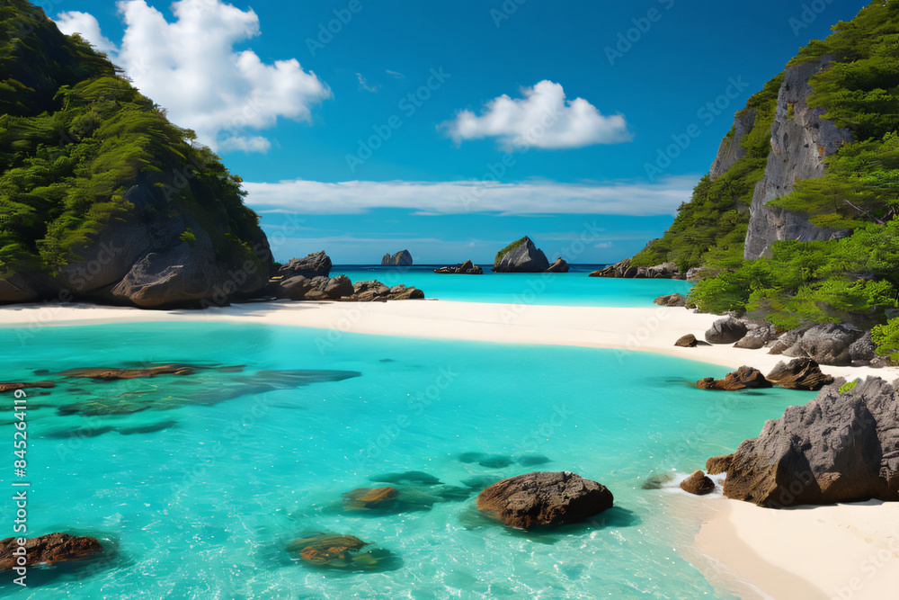 A beautiful tropical beach with turquoise waters and sandy shores under a sunny sky A beautiful tropical beach with turquoise waters and sandy shores under a sunny sky
