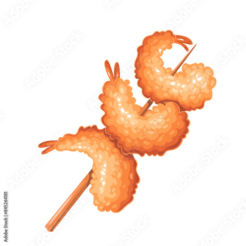Tempura shrimps on wooden stick, cartoon Japanese street food. Three prawns threaded on bamboo skewer to eat as appetizer and protein snack, gourmet tempura seafood cartoon vector illustration