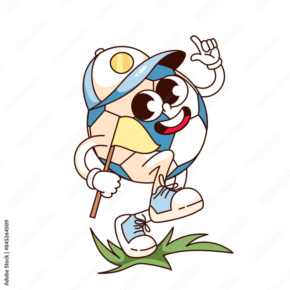 Groovy soccer ball cartoon character walking with flag on stadium. Funny retro with smile and baseball cap, goal and championship mascot, cartoon ball sticker of 70s 80s style vector illustration Groovy soccer ball cartoon character walking with flag on stadium. Funny retro with smile and baseball cap, goal and championship mascot, cartoon ball sticker of 70s 80s style vector illustration