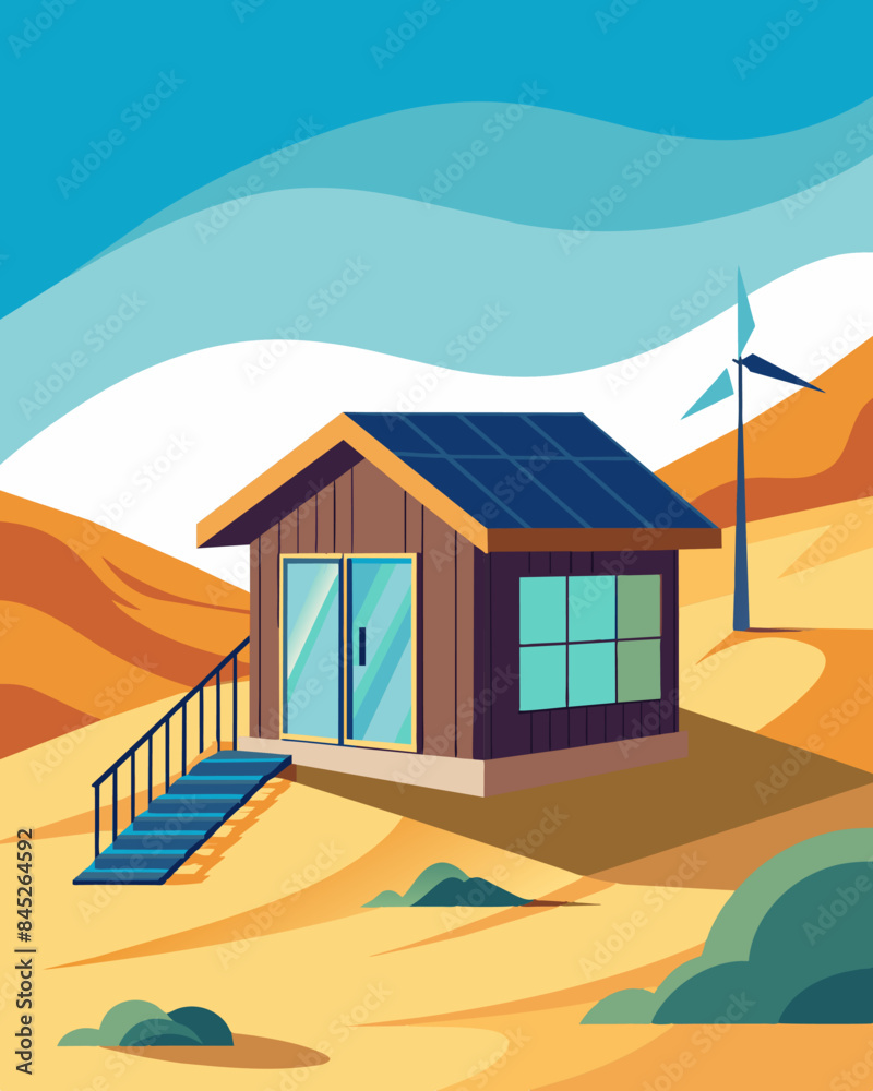 Tucked into the dunes a secluded beach cabin blends seamlessly with its surroundings equipped with solarpowered appliances and utilizing renewable energy to minimize its. Vector illustration Tucked into the dunes a secluded beach cabin blends seamlessly with its surroundings equipped with solarpowered appliances and utilizing renewable energy to minimize its. Vector illustration