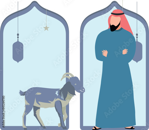 Arabian man looking at goat.
