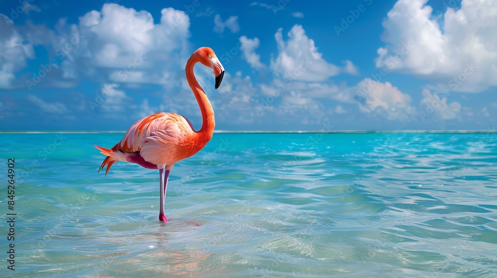 Fototapeta premium Vibrant flamingo, stands gracefully, shallow waters, pink feathers, contrasting, beautifully, blue sky, nature, elegance, bird, tropical, wildlife, serene, striking, reflection, water, colorful, grace