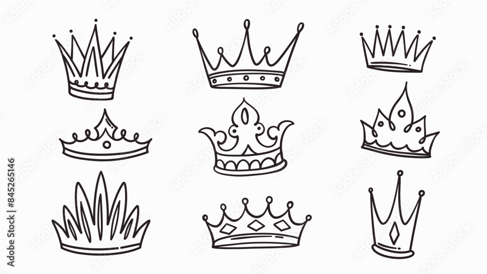 Crown hand drawn doodle set. Line monochrome sketch of luxury heraldic symbols with crown shape collection, classic tiara and royal diadem, medieval jewelry in doodle style vector illustration Crown hand drawn doodle set. Line monochrome sketch of luxury heraldic symbols with crown shape collection, classic tiara and royal diadem, medieval jewelry in doodle style vector illustration