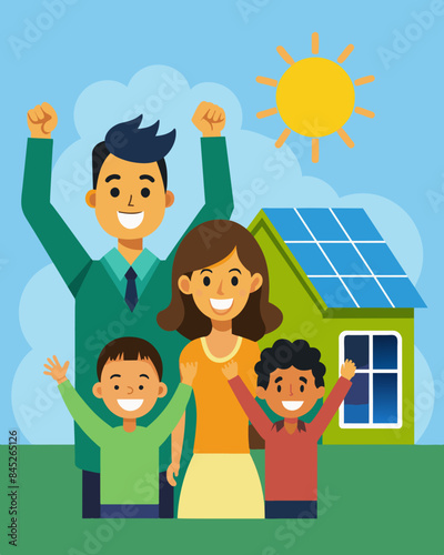 The family proudly shows off their newly installed solar panels on their roof excited to see the impact it will have on their energy bills.. Vector illustration
