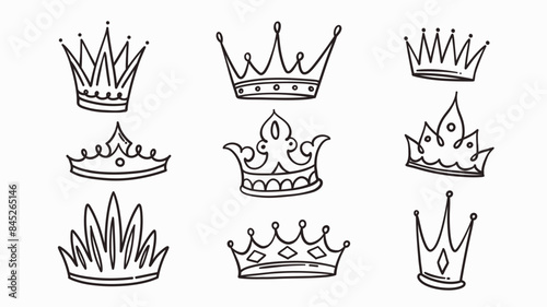 Crown hand drawn doodle set. Line monochrome sketch of luxury heraldic symbols with crown shape collection, classic tiara and royal diadem, medieval jewelry in doodle style vector illustration