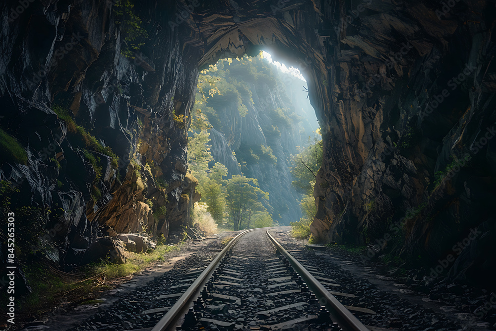 Naklejka premium A tunnel cuts through the mountains, with a new road or railway tracks illustrating the combination of natural beauty and human engineering, symbolizing exploration and communication