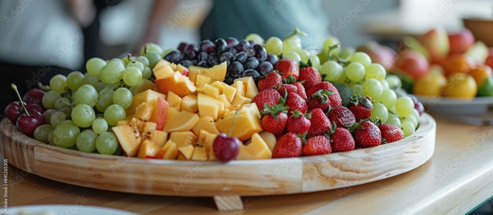 Ripe fruit platter displayed on a tabletop Ripe fruit platter displayed on a tabletop
