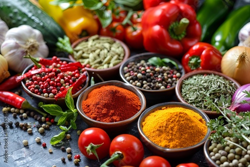 A close-up image of various spices and fresh vegetables arranged on a kitchen table  showcasing vibrant colors and enticing aromas. Generative AI