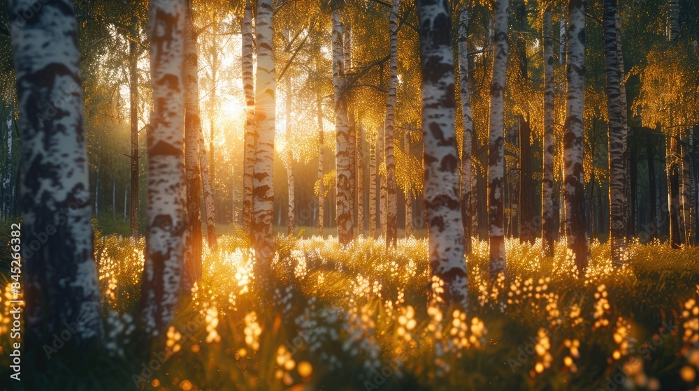 Fototapeta premium Sunrise or sunset in a spring birch forest with vibrant new leaves illuminated by sunlight and tree shadows Classic film style look Countryside scene in spring