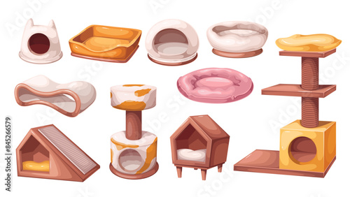 Cat houses set, cartoon toy towers and floor beds. Funny climbing tree and basket with cozy pillows for cat and dog, home furniture and cartoon pet care accessories collection vector illustration