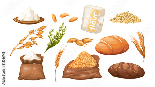 Cereal harvest, cartoon grains and flour for baking bread set. Golden oat and dry wheat ears, cartoon cereal ripe seeds in pile and open burlap bag, bulk food product for bakery vector illustration