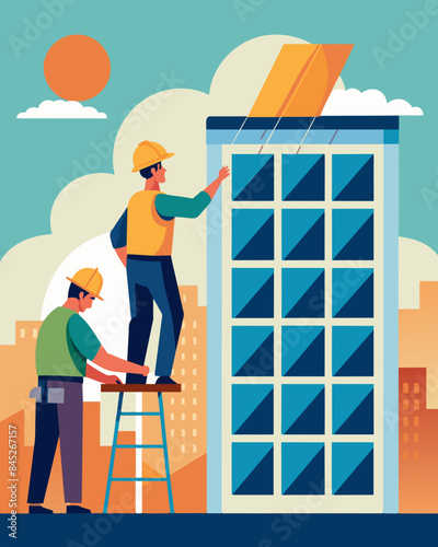 Two workers wearing hard hats assembling a large array of solar panels on the side of a highrise apartment building.. Vector illustration
