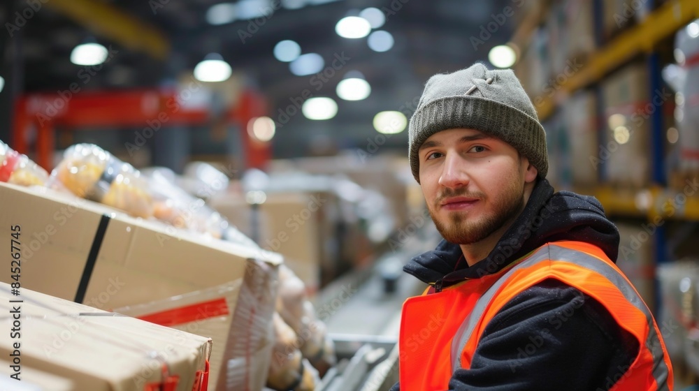 Secure Parcel Handling by Courier Ensuring Fragile Items Safety in Warehouse A man in uniform is carefully handling a fragile package in an industrial setting Secure Parcel Handling by Courier Ensuring Fragile Items Safety in Warehouse A man in uniform is carefully handling a fragile package in an industrial setting