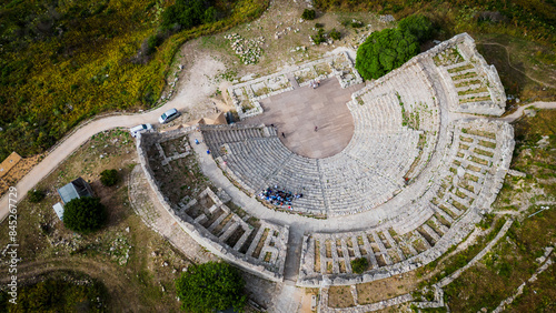 Aerial view of Archaeological Park of Segesta ruins in Sicily , temple and theatre