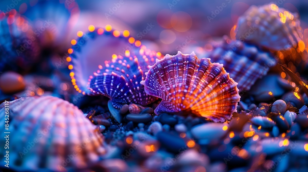 Naklejka premium Illuminated Seashells, Vibrant Neon Marine Life Close-Up on Coastal Beach