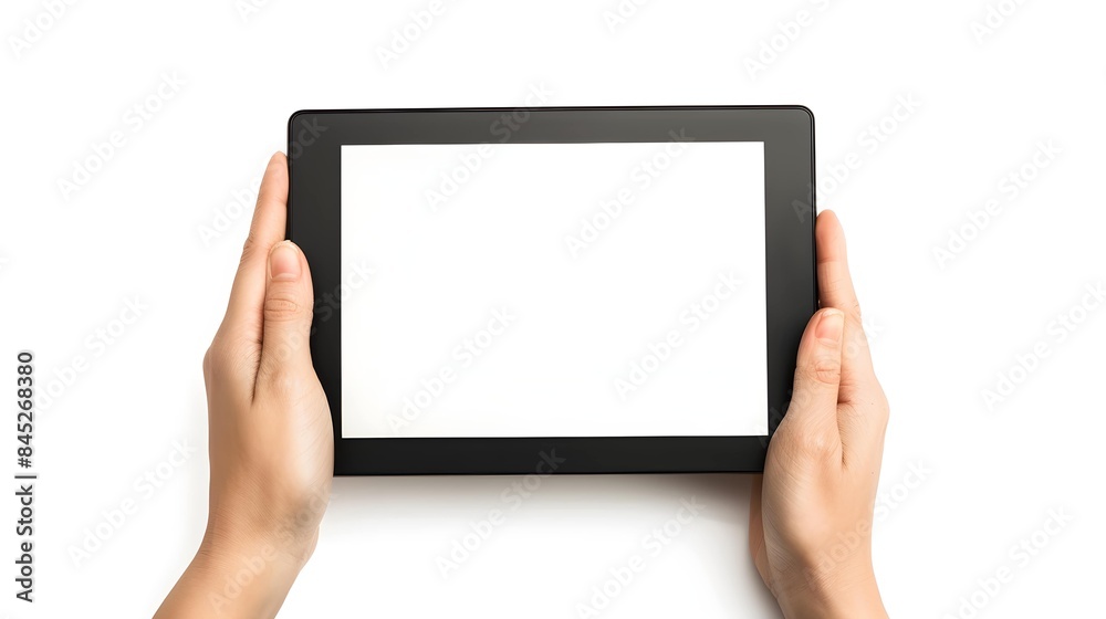 Hands touching blank screen of black tablet computer, isolated on white background 
