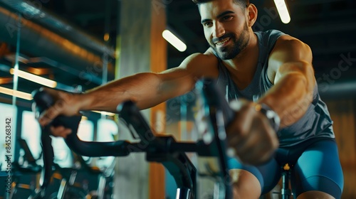 Handsome fit man in sportswear riding indoor bicycles on cycling class in the gym.