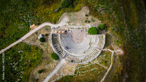 Aerial view of Archaeological Park of Segesta ruins in Sicily , temple and theatre top down 
