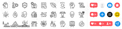 Vaccination passport, Baby carriage and Psychology line icons pack. Social media icons. Uv protection, Sun protection, Bio shopping web icon. Plants watering, Stress, Dumbbell pictogram. Vector