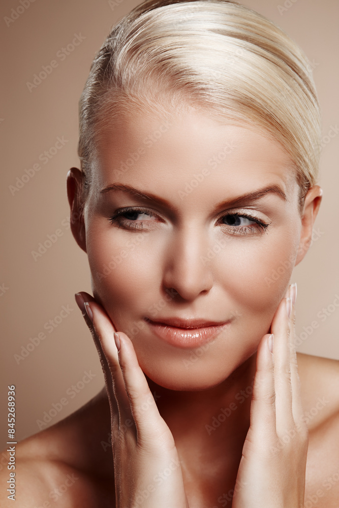 Woman, thinking and confident cosmetic in studio, makeup and skincare on beige background. Female person, beauty and proud of dermatology thoughts for results, decision and facial treatment or soft Woman, thinking and confident cosmetic in studio, makeup and skincare on beige background. Female person, beauty and proud of dermatology thoughts for results, decision and facial treatment or soft