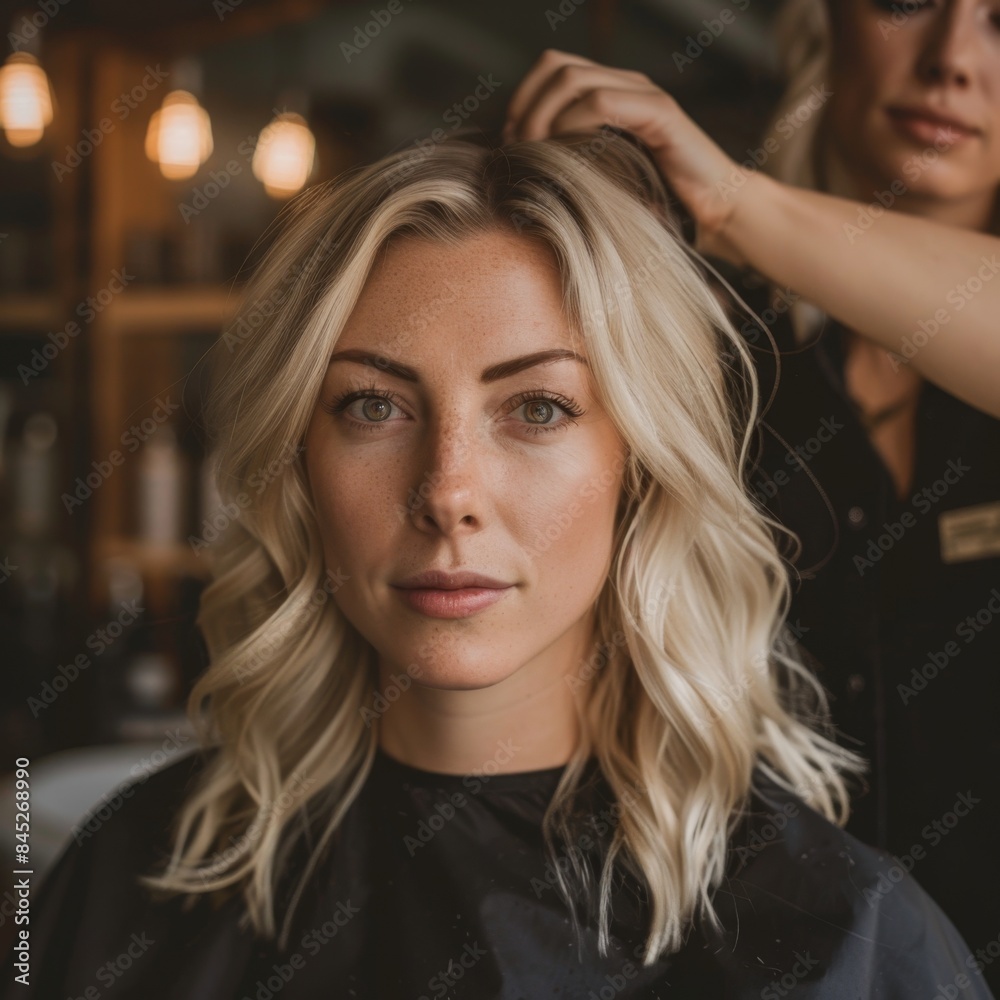 Beautiful blonde woman getting a haircut in a stylish salon