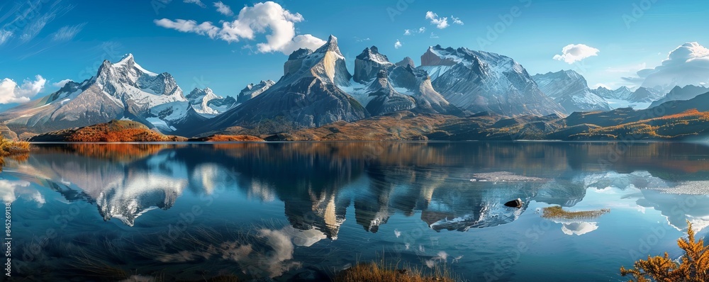 Obraz premium Crystal-clear mountain lake reflecting the surrounding peaks, 4K hyperrealistic photo