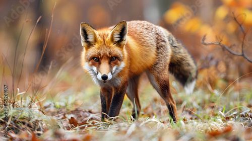 A fox with a bushy tail, sniffing the ground and looking around in the forest.