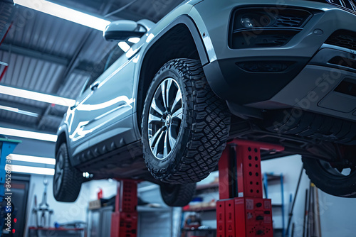 A silver SUV is raised on a hydraulic lift in a repair shop, revealing its undercarriage
