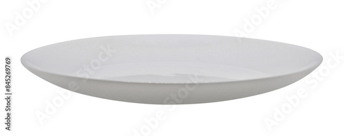 Clean plate isolated on transparent background. Side view. White ceramic dishes. Empty vessel