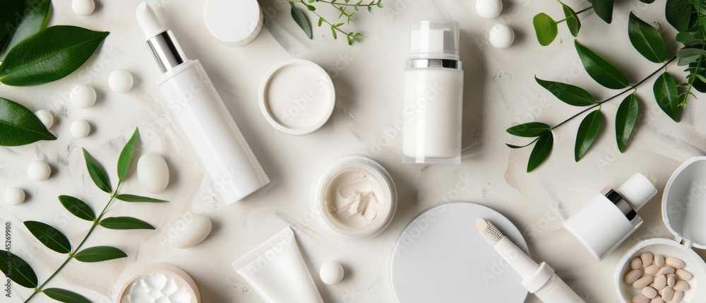 Obraz Eco-conscious blank cosmetic products with white packaging, showcasing makeup and skincare with copy space