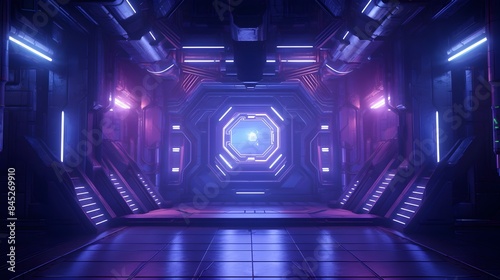 Symmetrical Sci-Fi Corridor with Vibrant Neon Lighting and Mysterious Mist