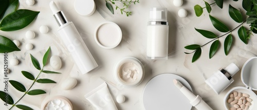 Eco-conscious blank cosmetic products with white packaging, showcasing makeup and skincare with copy space