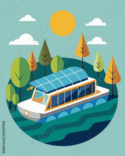 The solarpowered boat was a popular tourist attraction offering a unique and sustainable way to explore the local waterways.. Vector illustration