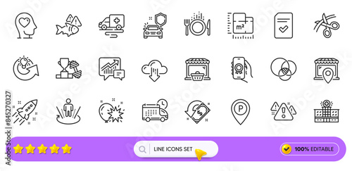 Food, Share idea and Delivery line icons for web app. Pack of Cloud download, Online market, Award app pictogram icons. Euler diagram, Market location, Checked file signs. Car secure. Vector