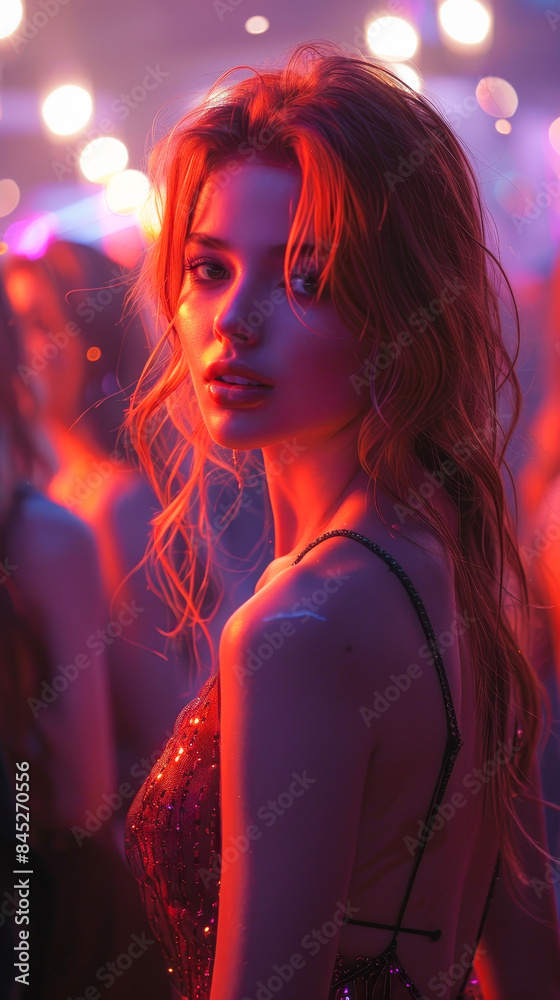 Young Woman in Sparkling Dress at Night Club with Colorful Lights and Party Atmosphere